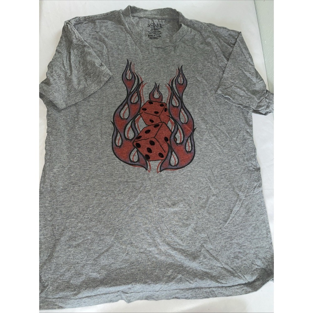Von Dutch Flaming Dice Graphic Faded Grey Vintage T-Shirt Embroidered 3d Men's M